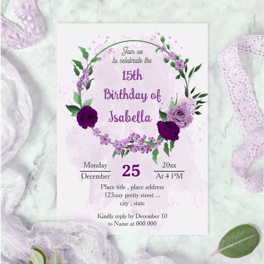 Invitation Fleurs violettes romantiques anniversaire de verdu