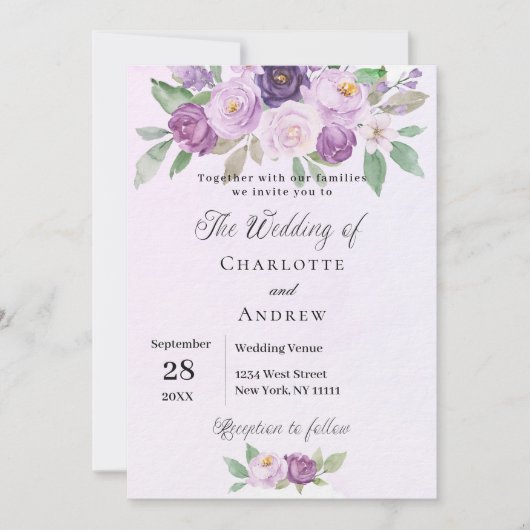 Invitation Fleurs violettes rose verdure mariage de luxe (Devant)