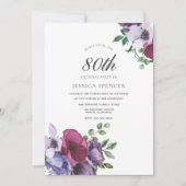 Invitation Fleurs violettes roses Aquarelle 80e anniversaire (Devant)