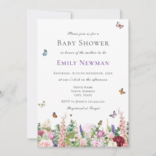Invitation Fleurs violettes roses avec Baby shower de papillo (Devant)