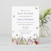 Invitation Fleurs violettes roses avec Baby shower de papillo (Debout devant)