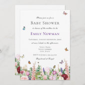 Invitation Fleurs violettes roses avec Baby shower de papillo (Devant / Derrière)