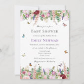 Invitation Fleurs violettes roses avec Baby shower de papillo (Devant)