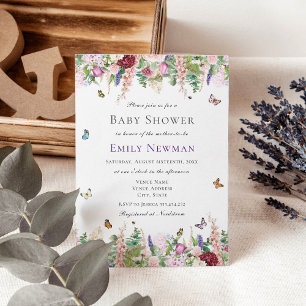 Invitation Fleurs violettes roses avec Baby shower de papillo