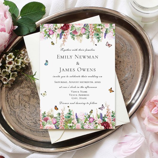Invitation Fleurs violettes roses avec Mariage de papillons