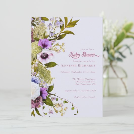 Invitation Fleurs violettes roses | Bébé en fleurs douche (Debout devant)