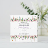 Invitation Fleurs violettes roses Carré papillon Baby shower (Debout devant)