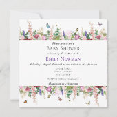 Invitation Fleurs violettes roses Carré papillon Baby shower (Devant)
