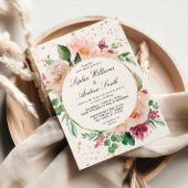 Invitation Fleurs violettes roses et Mariage Confetti Or