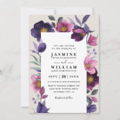 Invitation Fleurs Violettes Roses Mariage Code QR Moderne Élé (Devant)