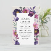 Invitation Fleurs Violettes Roses Mariage Code QR Moderne Élé (Debout devant)