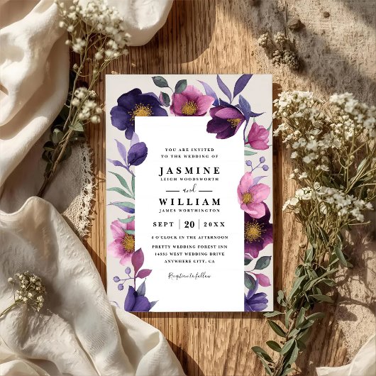 Invitation Fleurs Violettes Roses Mariage Code QR Moderne Élé