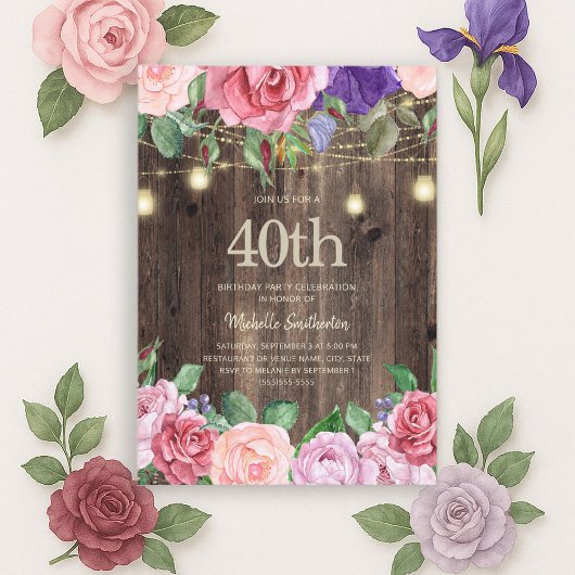 Invitation Fleurs violettes roses rustiques 40e