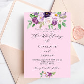 Invitation Fleurs violettes roses verdure mariage script