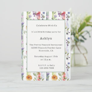 Invitation Fleurs violettes rouges orange rayures anniversair
