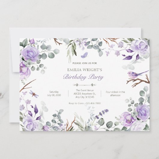 Invitation Fleurs violettes rousse anniversaire (Devant)