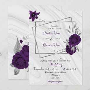 Invitation fleurs violettes royales argent mariage géométriqu