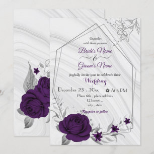 Invitation fleurs violettes royales argent mariage géométriqu