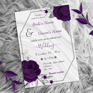 Invitation fleurs violettes royales argent mariage géométriqu
