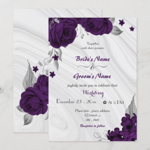 Invitation fleurs violettes royales mariage argent