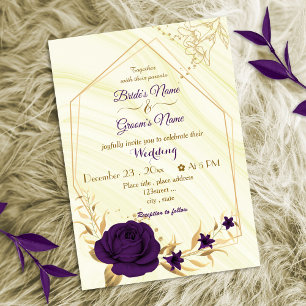Invitation fleurs violettes royales or mariage géométrique