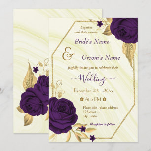 Invitation fleurs violettes royales or mariage géométrique