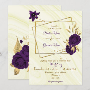 Invitation fleurs violettes royales or mariage géométrique