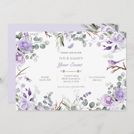 Invitation Fleurs violettes rustiques (Devant / Derrière)