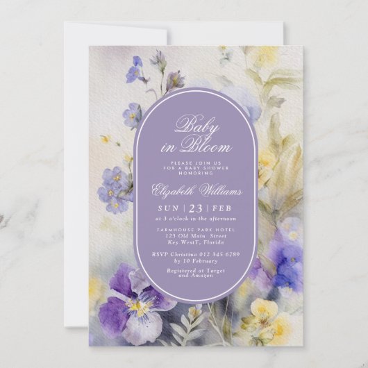 Invitation Fleurs violettes rustiques bébé en fleurs douche e (Devant)