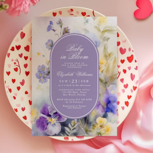 Invitation Fleurs violettes rustiques bébé en fleurs douche e