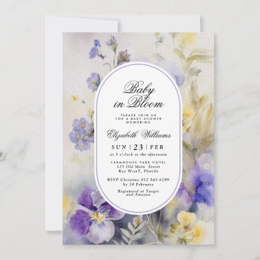 Invitation Fleurs violettes rustiques bébé en fleurs douche e (Devant)