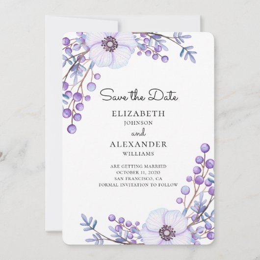 Invitation Fleurs violettes sauvent la date. Mariage botaniqu (Devant)