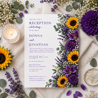 Invitation Fleurs violettes Tournesols jaunes Réception uniqu