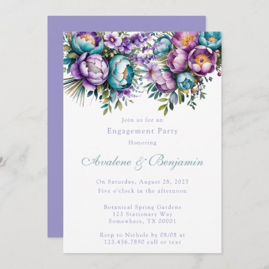 Invitation Fleurs violettes turquoise Partie d'engagement (Devant / Derrière)
