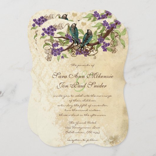 Invitation Fleurs violettes Turquoise Vintage Oiseaux Mariage (Devant / Derrière)