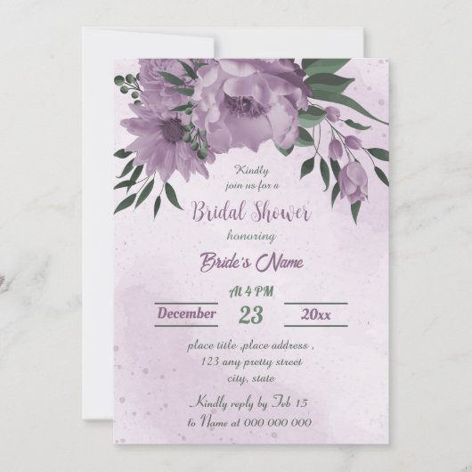 Invitation fleurs violettes verdure botanique douche nuptiale (Devant)