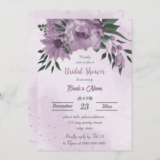 Invitation fleurs violettes verdure botanique douche nuptiale (Devant / Derrière)