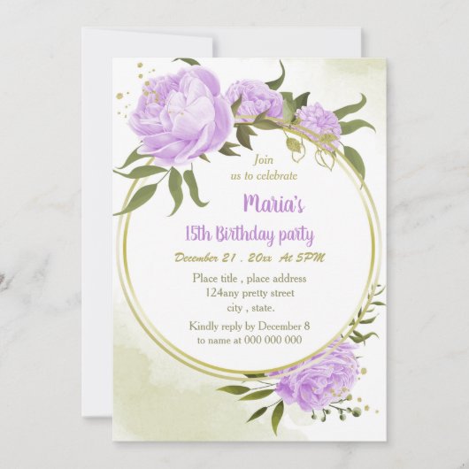 Invitation fleurs violettes verdure couronne fête d'anniversa (Devant)