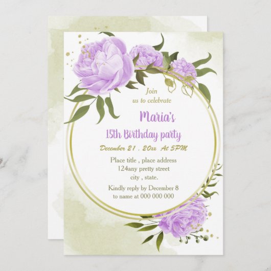 Invitation fleurs violettes verdure couronne fête d'anniversa (Devant / Derrière)