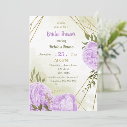 Invitation fleurs violettes verdure douche nuptiale (Debout devant)