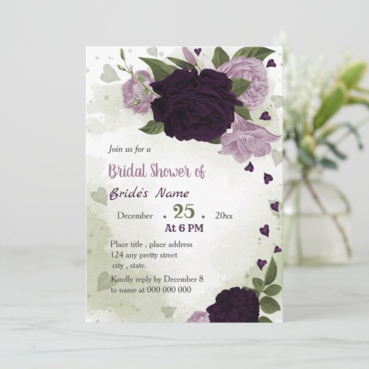 Invitation fleurs violettes verdure douche nuptiale (Debout devant)