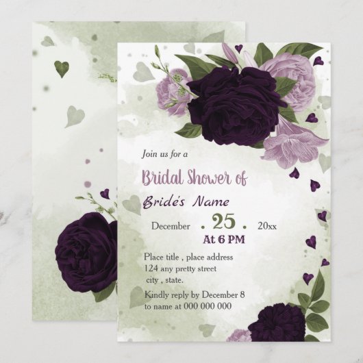 Invitation fleurs violettes verdure douche nuptiale (Devant / Derrière)