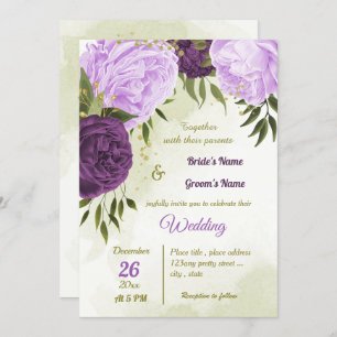 Invitation fleurs violettes vert feuille mariage