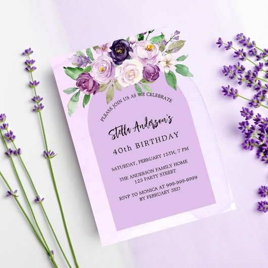 Invitation Fleurs violettes violet vert arche anniversaire
