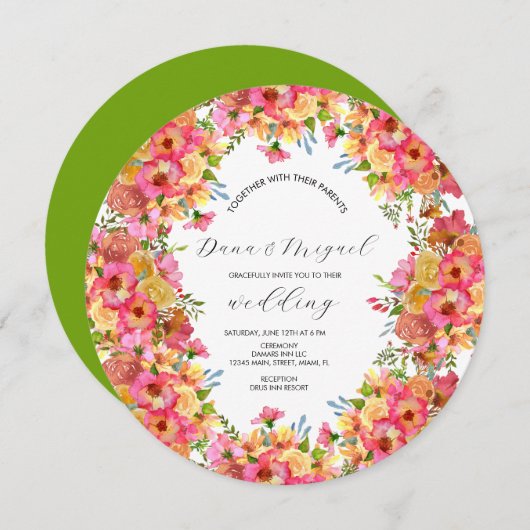 Invitation Fleurs vives Mélange rose Aquarelle Mariage Cercle (Devant / Derrière)