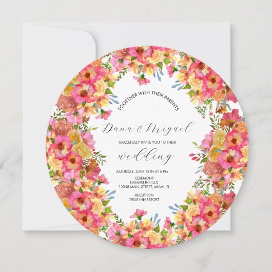 Invitation Fleurs vives Mélange rose Aquarelle Mariage Cercle (Devant)