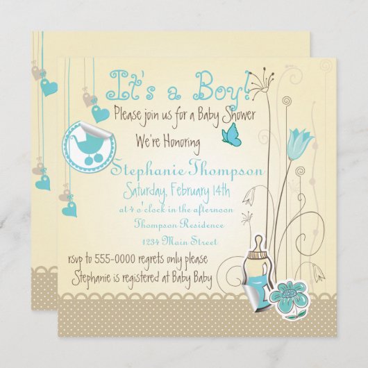 Invitation Fleurs Whimsical C'est un Baby shower garçon (Devant / Derrière)