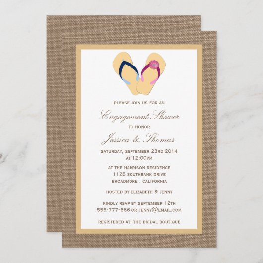 Invitation Flip Flop Plage De Sable Sur Burlap Fiançailles Do (Devant / Derrière)