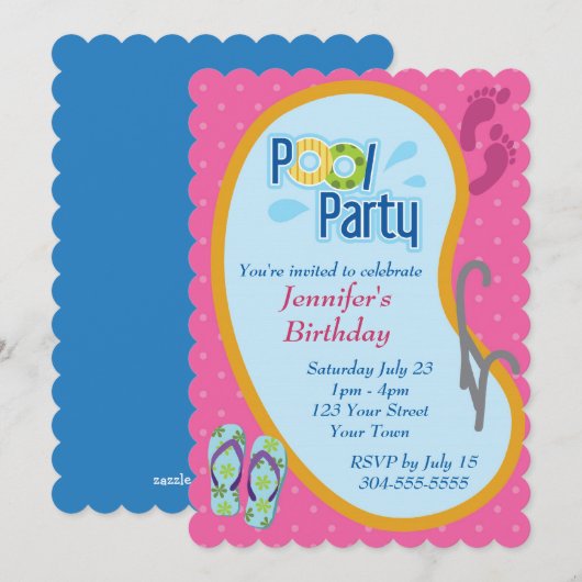 Invitation Flip Flop Pool fête anniversaire (Devant / Derrière)