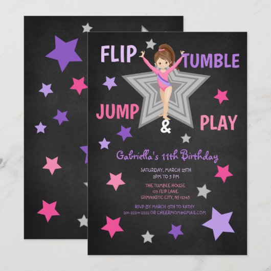 Invitation Flip, Tumble, Jump & Play Gymnastique Anniversaire (Devant / Derrière)